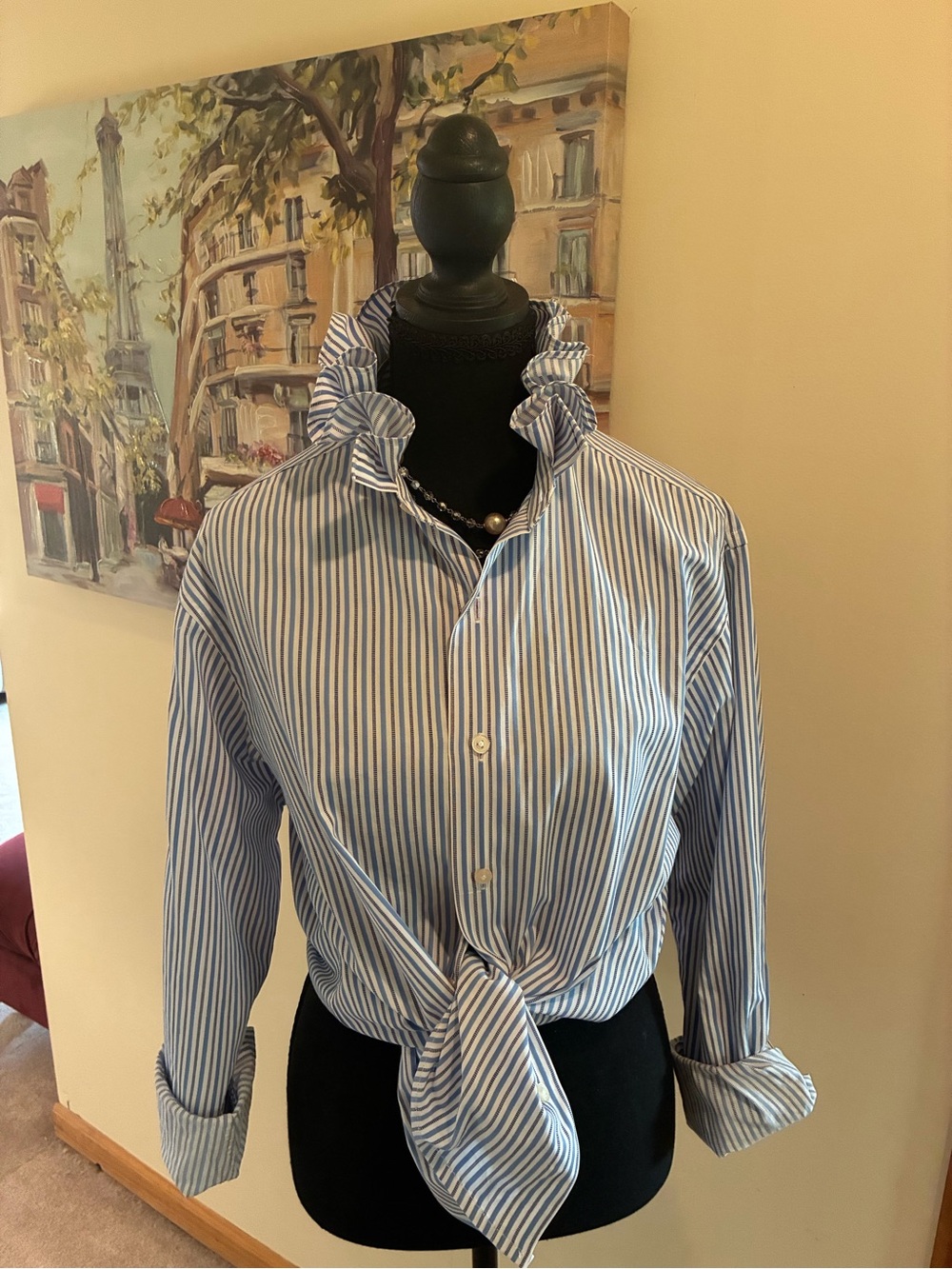 BCBG Blue and White Striped Ruffle Collar Button-Down